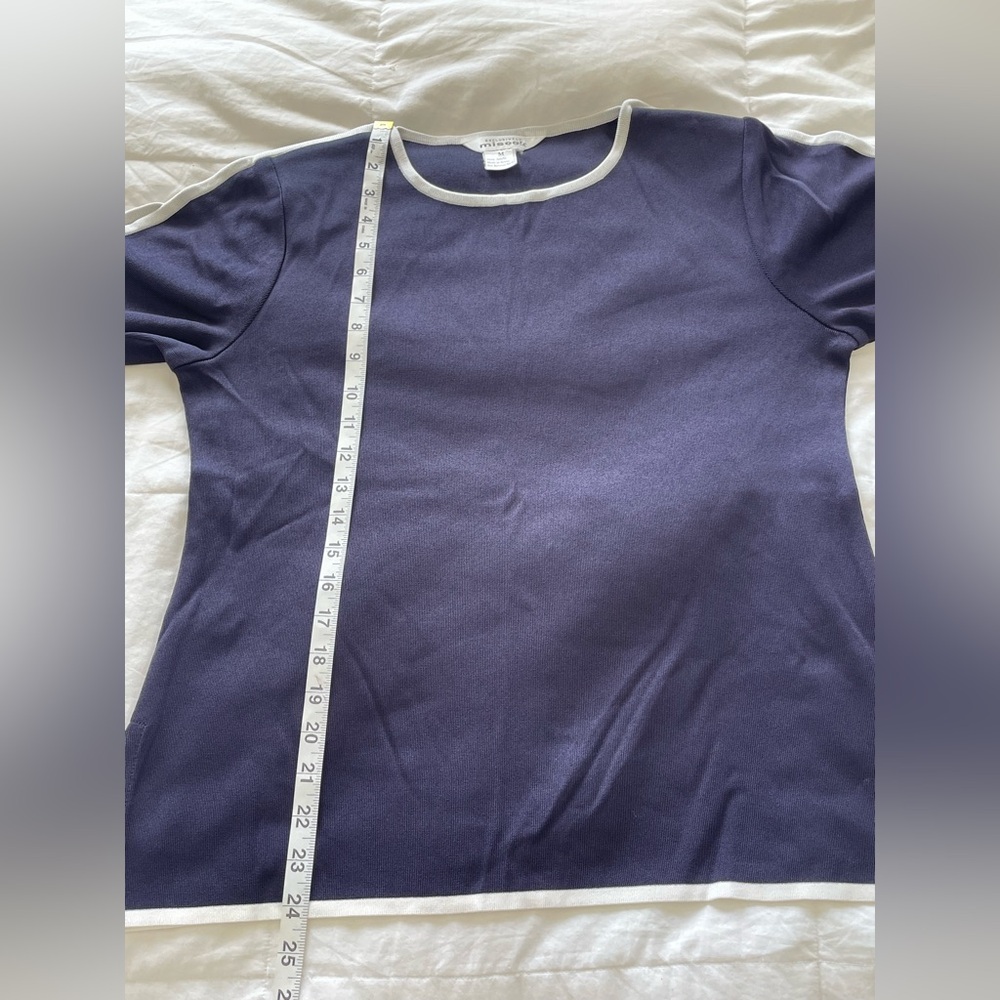 Misook Navy Blue White Trim Short Sleeve Knit Blouse Top | M - Picture 8 of 10